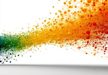  Visualizing Data Network with Spheres Linked by Lines in Gradual Rainbow Color Transition on White Background.