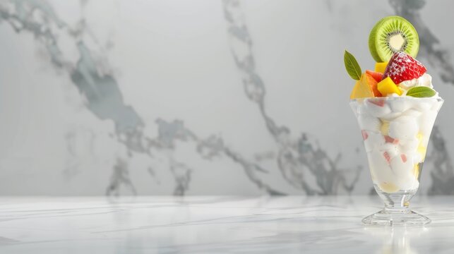 Colorful Fresh Fruit Parfait in Clear Glass on Marble Surface - Powered by Adobe