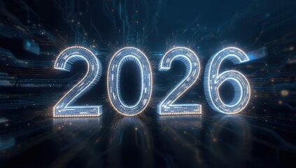 Digital 2026 Future Technology Background. Blue glowing numbers stylized as circuitry, symbolizing innovation, data processing, and the coming New Year.