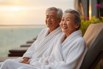 Senior Asian couple having rest in a hotel or in a cruise ship