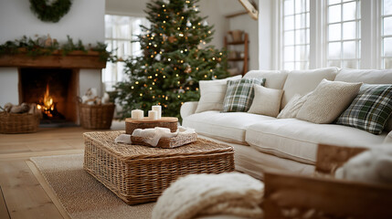 Cozy Christmas interior invites warmth, with fireplace casting gentle glows, creating relaxed, festive ambiance