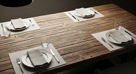 A rustic wooden dining table set with four elegant place settings, ready for a meal.