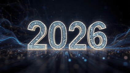 Futuristic 2026 number in glowing circuit board style over a dark digital technology background with abstract data streams, connectivity lines, and bright bokeh lights.