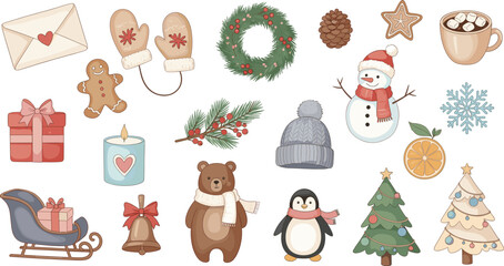 A delightful holiday collection of festive Christmas and winter elements including a snowman, decorated trees, gifts, bear, penguin, gingerbread man, and sleigh.