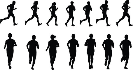 Running silhouette collection, jogger poses in motion featuring male and female athletes, fitness exercise illustrations for sport design, training vector set