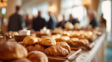 Croissants at the buffet of a business event. A set table with cups and plates, people blurred against the background, daylight, a coffee break area in the conference room.