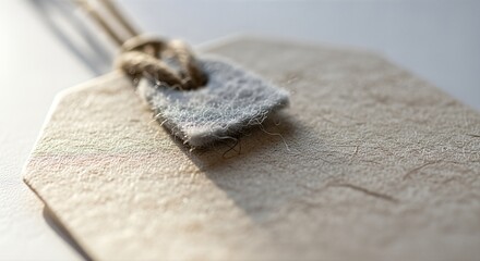 Close-up of a blank, textured paper tag with a natural fiber string tied through it, ready for labeling or crafting.