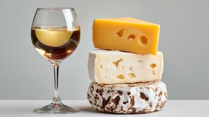 Assorted cheese varieties stacked artistically beside a glass of white wine, showcasing textures and colors, perfect for culinary presentations and gourmet experiences