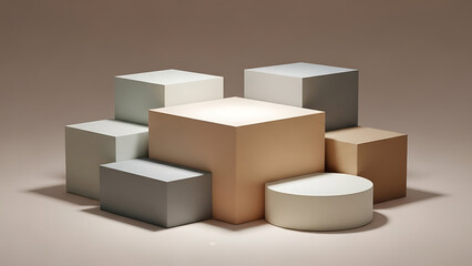 Fototapeta premium Abstract geometric composition of minimalist pastel-colored cubes and cylinders arranged as a modern 3D podium display for product showcases or branding presentations