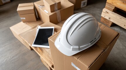 Safety helmet placed on top of cardboard boxes in a warehouse, with a tablet nearby, showcasing an organized workspace for construction and logistics professionals