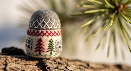 A small, handcrafted felted thimble-shaped ornament decorated with embroidered winter houses and trees, resting on a log with pine needles in the background.