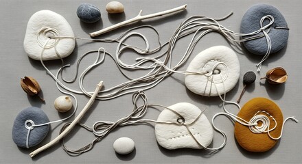An overhead view of various smooth stones, some with holes, threaded with white string, arranged with sticks and pebbles on a grey surface.
