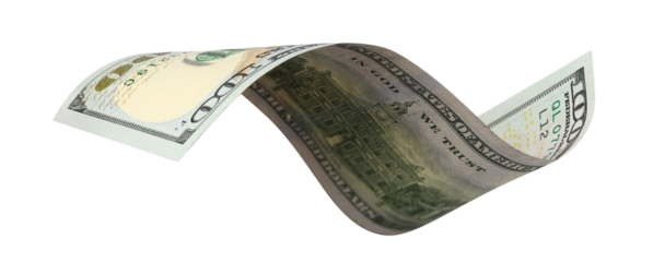 Curved hundred dollar banknote, isolated on transparent cutout background