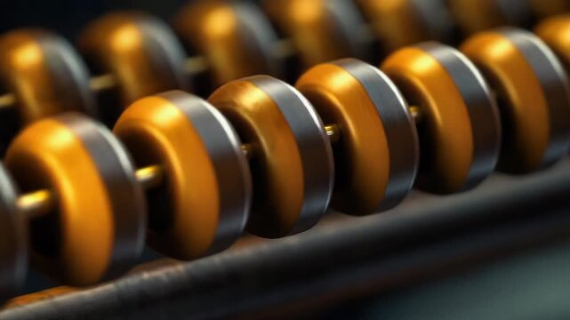Video Close-up shot of a traditional wooden abacus on a table, ready for use in mathematical calculations