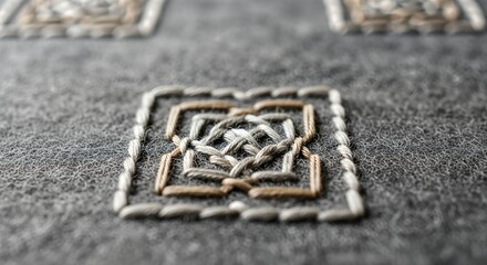 Detailed close-up of intricate geometric embroidery on dark grey fabric.