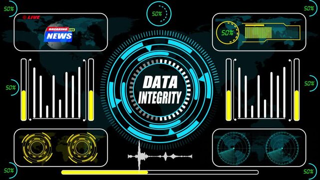 Data integrity HUD dashboard featuring verification analytics, consistency metrics, and high-trust digital validation visualization