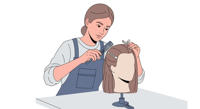 A hairstylist practicing hair styling techniques on a mannequin head with combs and clips