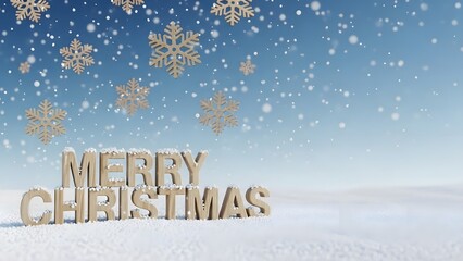 Merry christmas text made of wood or stone in a snowy landscape with falling snowflakes, winter holiday greeting card background