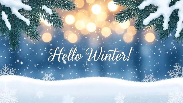 Hello winter festive greeting card with snowfall, bokeh lights, and fir branches background