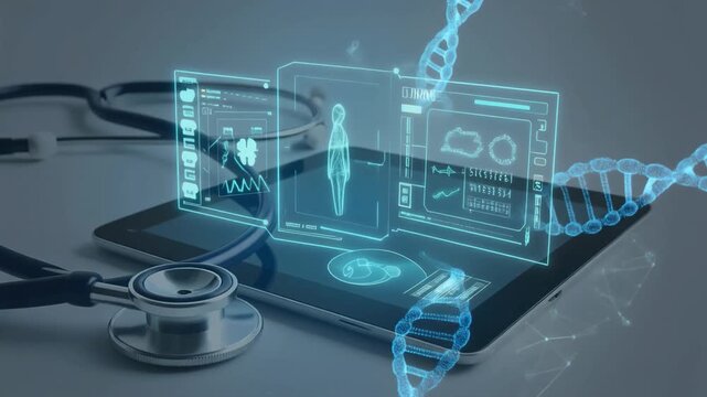 Close up of a stethoscope and digital tablet with virtual electronic medical record of patient on interface.Digital healthcare and network on modern virtual screen, DNA medical technology