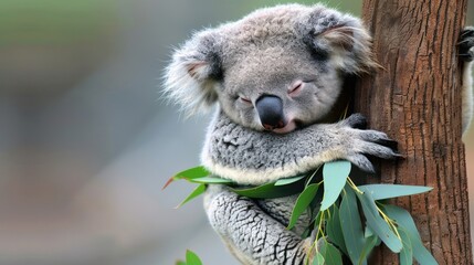 Obraz premium Cute Koala Bear Sleeping on Tree Trunk Hugging Eucalyptus Branch