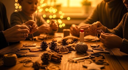 Family making natural Christmas decorations together at a cozy wooden table with warm lights in the background.