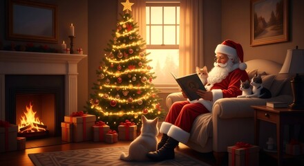 Santa claus in armchair reading book with cats by fireplace and decorated Christmas tree at home for holiday season. Christmas concept.
