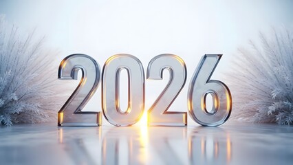 3d rendering of the year 2026 in shiny metallic numbers with a bright light effect, surrounded by frosty white decorative elements, isolated on white background