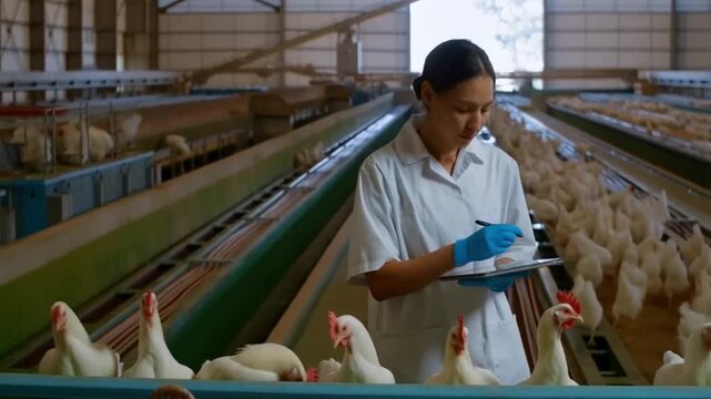 A poultry farm worker inspecting rows of chickens Stock Video