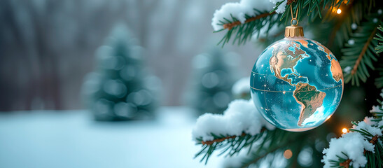 Banner with Christmas tree decorated with glass globe with golden continents. Concept of ecological consciousness and sustainability of future. Copy space, for text