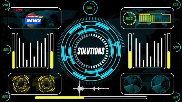 Solutions intelligence rendered in a futuristic HUD animation, highlighting adaptive problem-solving flows, enterprise optimization signals, and multi-layer strategic innovation metrics