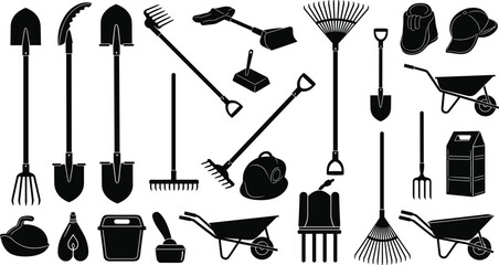 Silhouettes of gardening tools and equipment, shovels, rakes, wheelbarrows, watering cans collection illustration set for landscaping, farm work, outdoor garden concepts