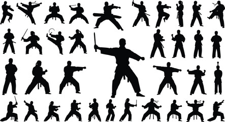 Silhouettes of martial artists performing combat techniques, karate and weapon poses collection, dynamic self-defense movement illustration set for training concepts