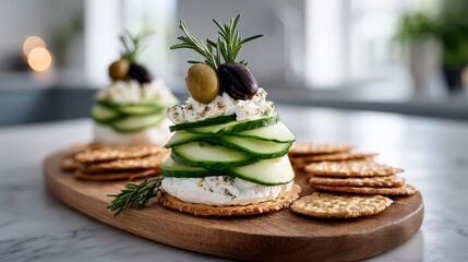 Delicious layered cucumber and cheese appetizer garnished with olives and herbs, served on a wooden platter alongside crispy crackers, perfect for entertaining guests at gatherings or special occasion