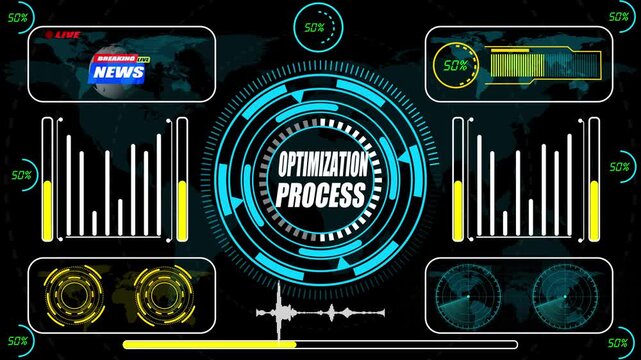 A metric-driven HUD animation presenting an optimative process framework with precision workflow mapping, iterative refinement signals, and integrated operational intelligence flows