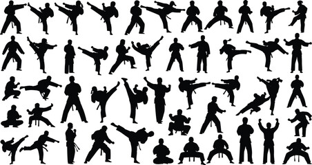 Silhouettes of martial artists performing kicks, punches, stances, karate movement illustration collection set for training, combat practice, self-defense, sports concepts