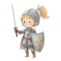 Cute medieval knight boy illustration in full armor with sword and shield for storybook designs