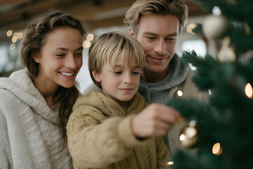 Obraz premium Family decorates Christmas tree with love. Soft winter lighting and stylish clothes makes scene cozy and festive