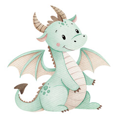 Cute mint green baby dragon illustration with wings, horns and fantasy fairytale character design