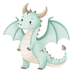 Adorable mint green baby dragon character with wings, horns and whimsical fairytale fantasy design