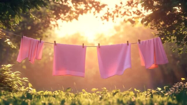 Pink towels drying on a clothesline in sunlit nature, bathed in a radiant golden glow