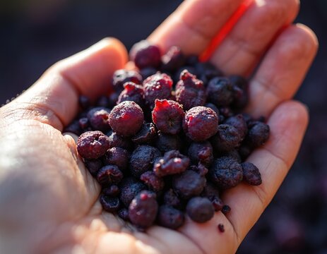 Winemaker holds dark purple grapes pomace in hand. Fruit pulp and skin for wine making process. Natural organic winery ingredient for vinification. Rich color.