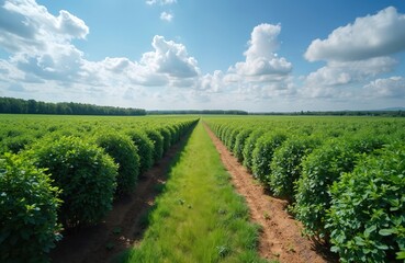 Fototapeta premium Rows of green blueberry bushes grow on a farm under a blue sky with white clouds. The plants are neatly arranged in lines with grass paths between them.