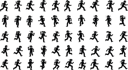 Silhouettes of running stick figure characters with expressive emoji faces, motion pose collection illustration set for animation, comics, dynamic movement concepts
