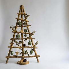 Clean Nordic wooden branch Christmas tree with soft white tones, natural textures, and serene holiday minimalism.