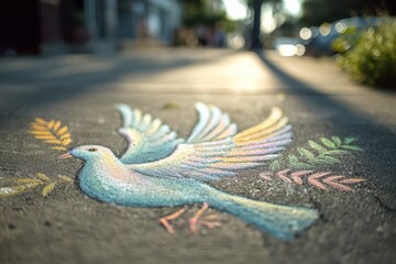 Street chalk illustration of a dove carrying an olive branch, symbol of freedom and peace