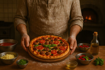 Chef&rsquo;s hands forming pizza dough on a wooden table, surrounded by bowls of vegetables, sauce, and cheese in a rustic atmosphere.