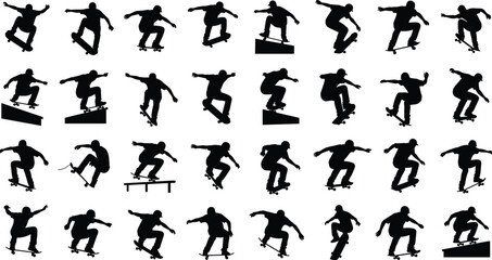 Silhouettes of skateboarders performing jumps, flips, and rail tricks, dynamic skateboarding action illustration collection set for extreme sports, urban movement concepts