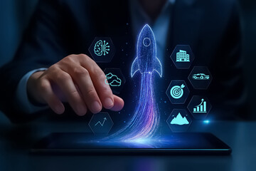 hand holding smartphone with social network - Startup Launch Interface – Businessperson with Tablet Projecting Rocket and Technology Icons on Dark Background
