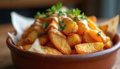 Close-up of Patatas Bravas served in rustic terracotta bowl. Crispy potato chunks coated with creamy spicy aioli, garnished with fresh parsley. Plenty of copy space available for branding text.